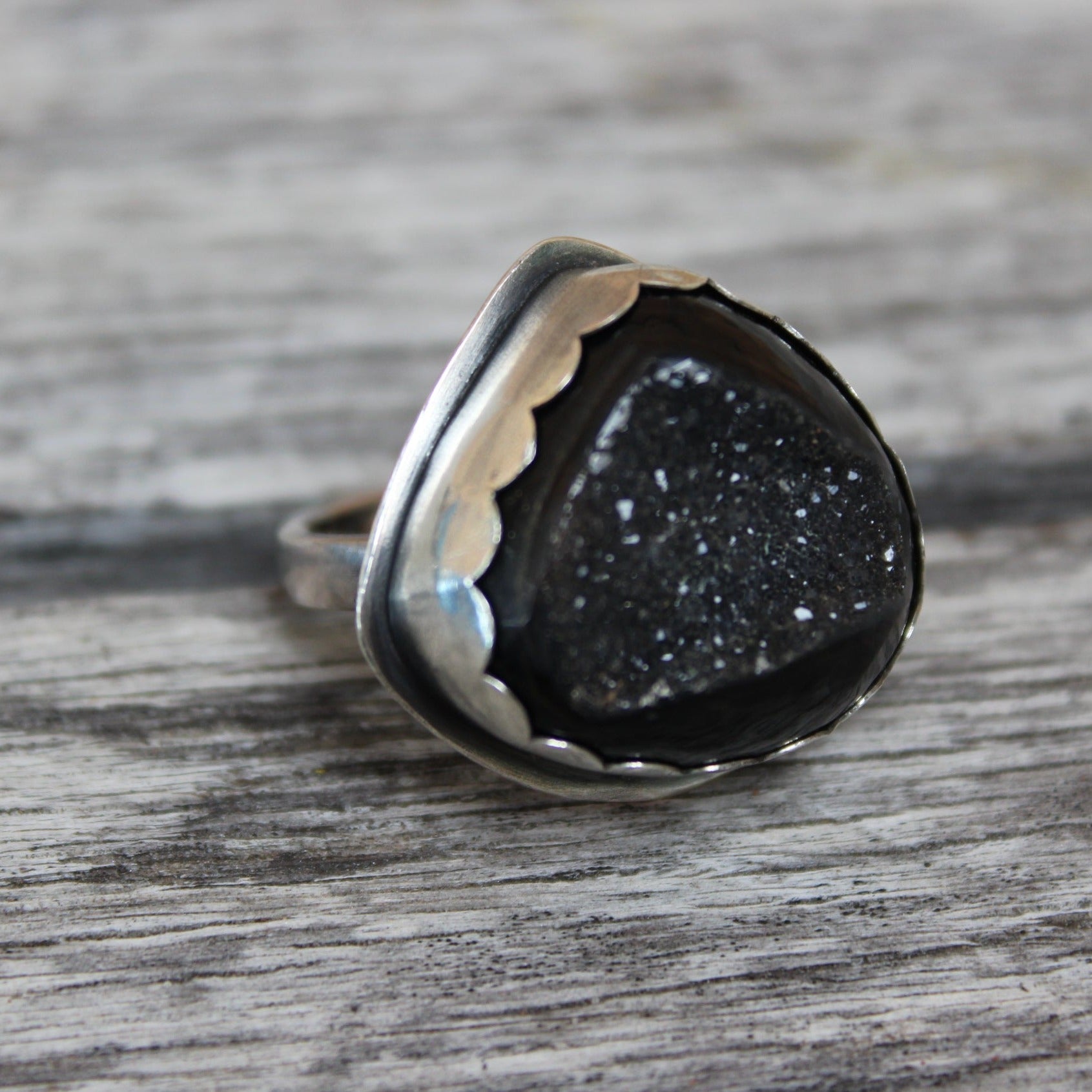 Onyx Druzy and Sterling Ring