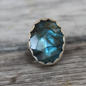 Blue Rose Cut Labradorite Oval Sterling Ring