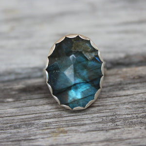 Blue Rose Cut Labradorite Oval Sterling Ring