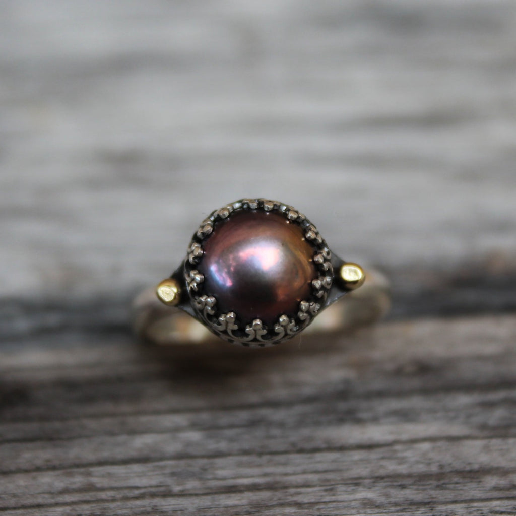 Black Golden Pearl Ring - Sterling Silver with 14k Gold