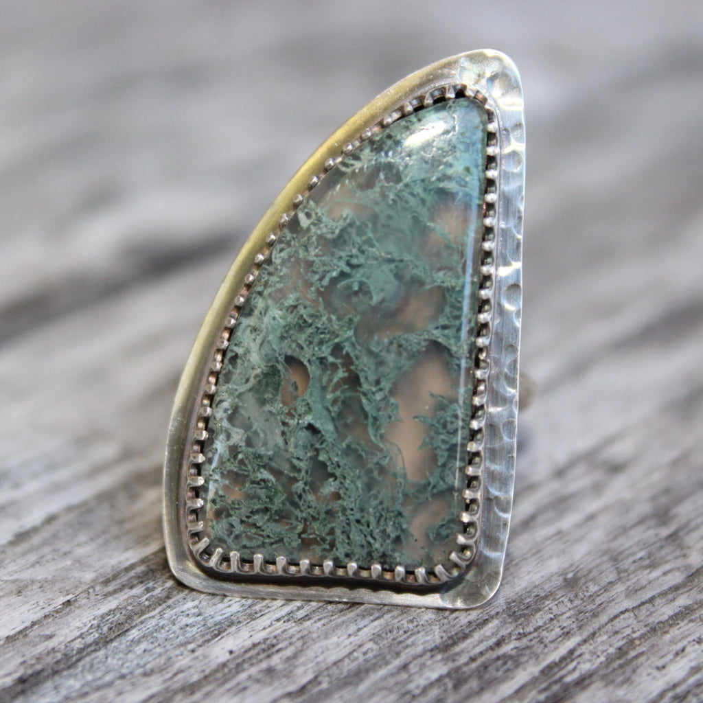 Moss Agate Asymmetric Ring