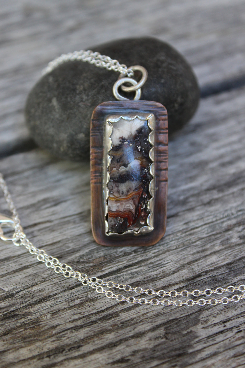 Crazy Lace Agate Pendant with Sterling Silver & Hammered Copper