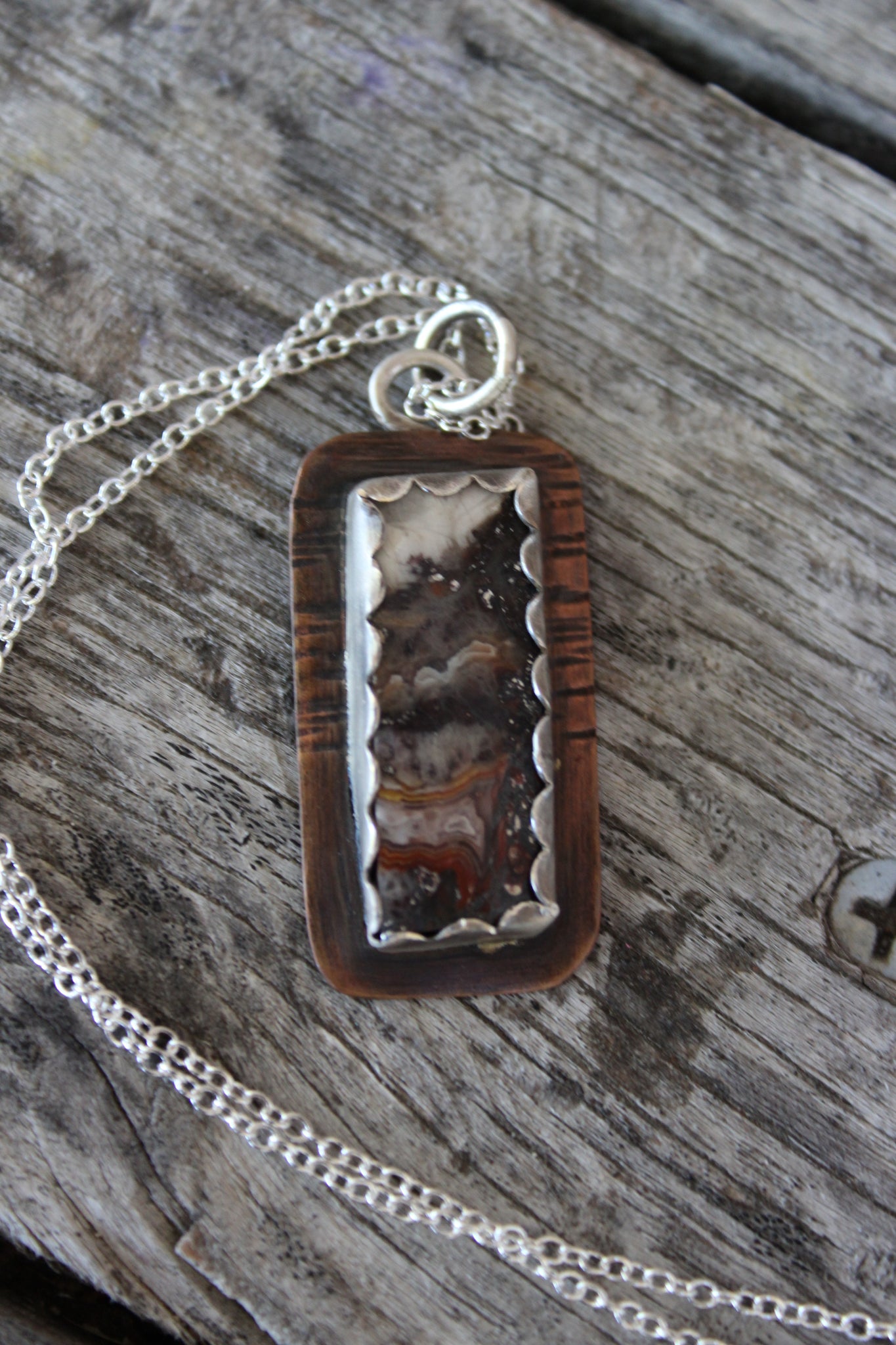 Crazy Lace Agate Pendant with Sterling Silver & Hammered Copper