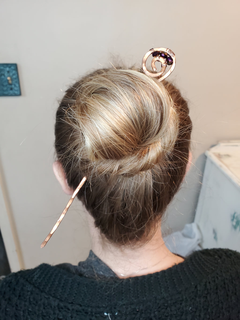 Copper Hair Stick with purple beads