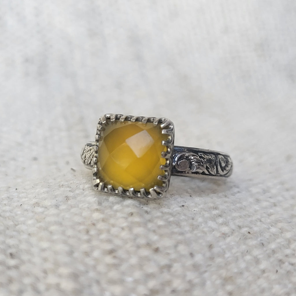 Yellow Ring with Sterling - Mango Chalcedony