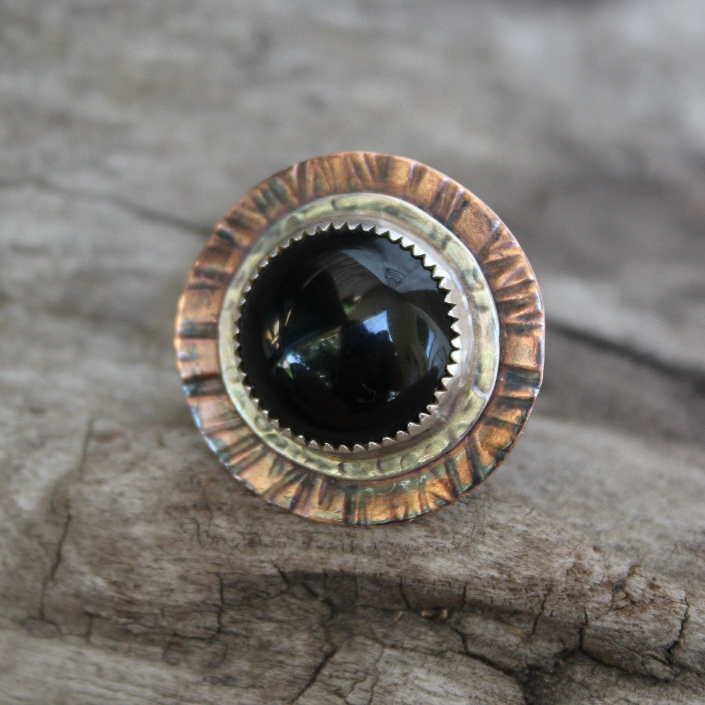 Black Onyx Two-Tone Sterling and Copper Ring