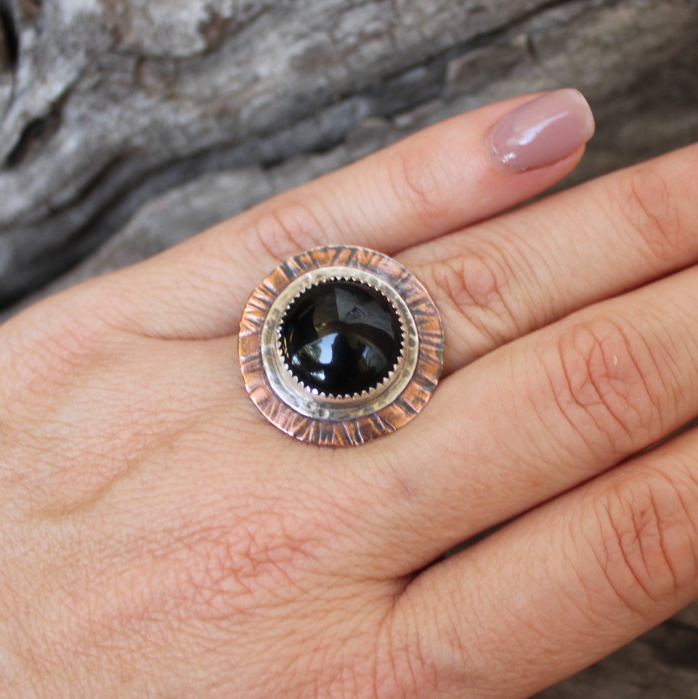 Black Onyx Two-Tone Sterling and Copper Ring