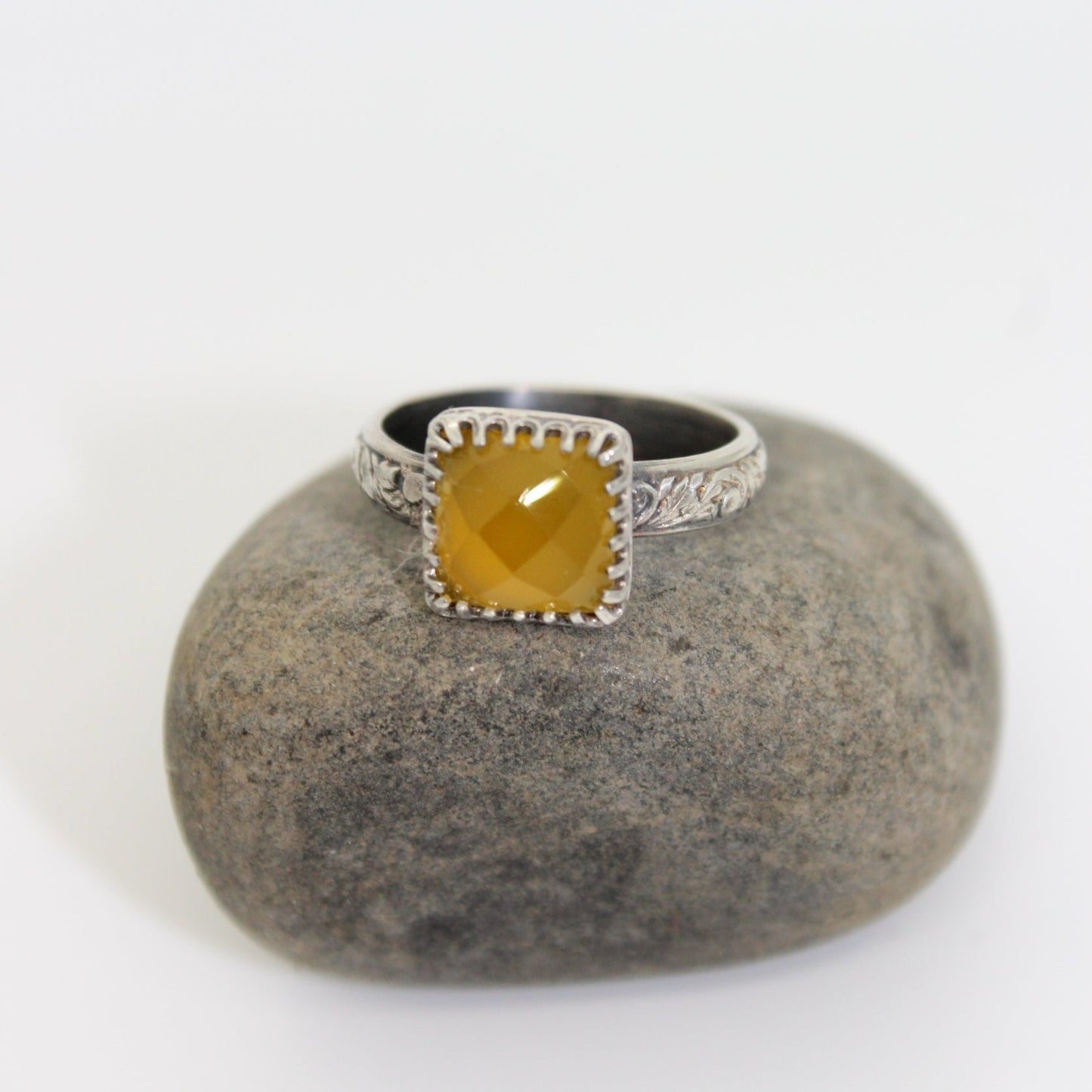 Yellow Ring with Sterling - Mango Chalcedony